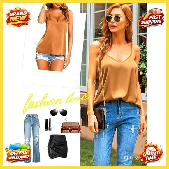 Satin V-Neck Camisole Adjustable Spaghetti Straps Loose Fit Elegant Chic - Picture 4 of 7